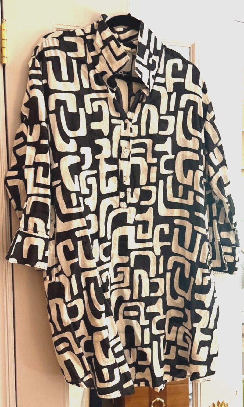Unbranded Thin Black and White Cotton Collared Tribal Print Dress